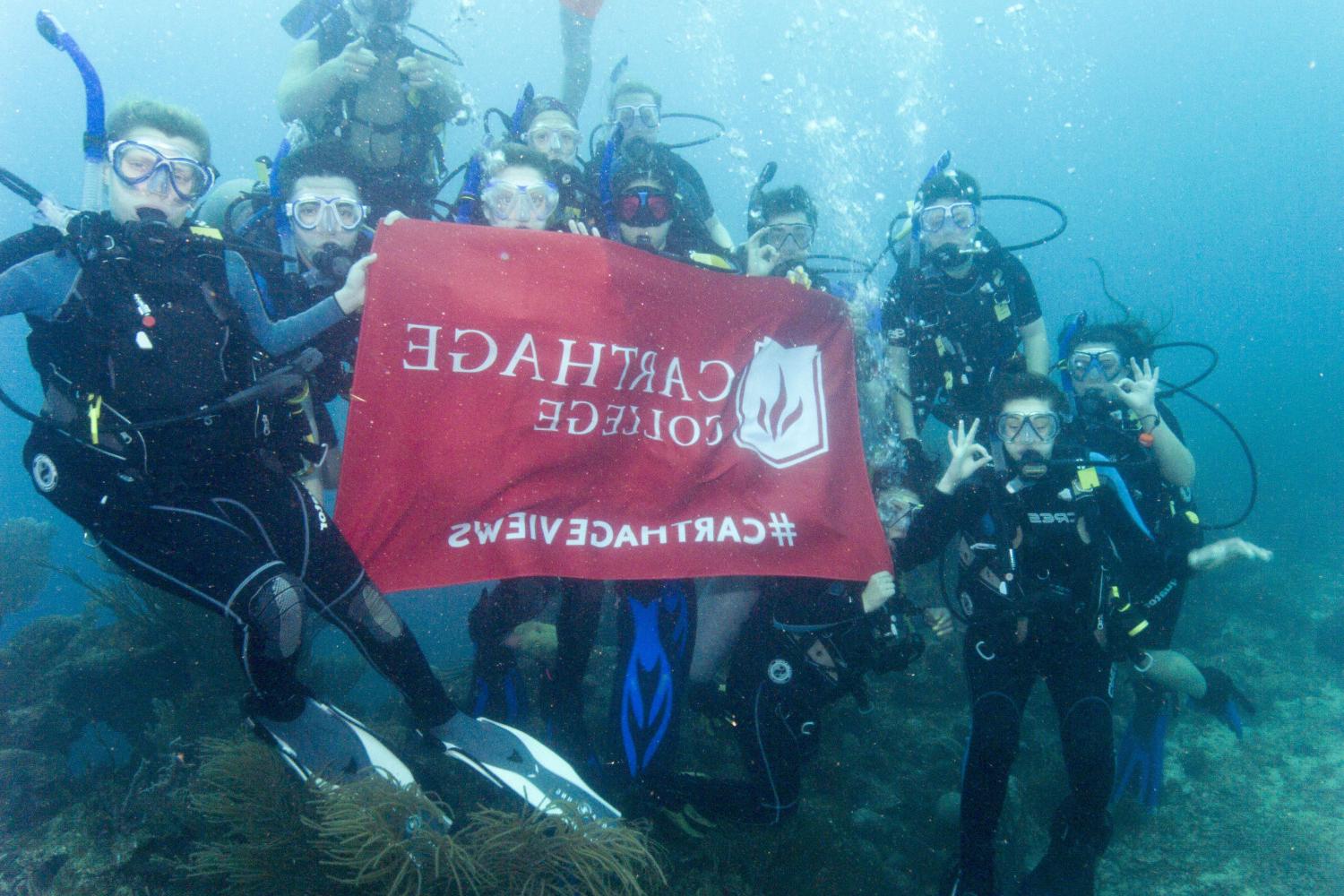 学生们手持<a href='http://aapqka.strassenhuren.net'>bv伟德ios下载</a>旗帜，在j学期洪都拉斯游学之旅中潜水.